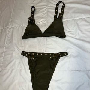 Army green triangle bikini with gold buckles